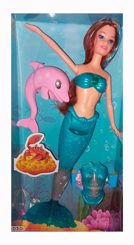 Muñeca Sirena 35cms Como Ariel Con Delfin Y Pechera