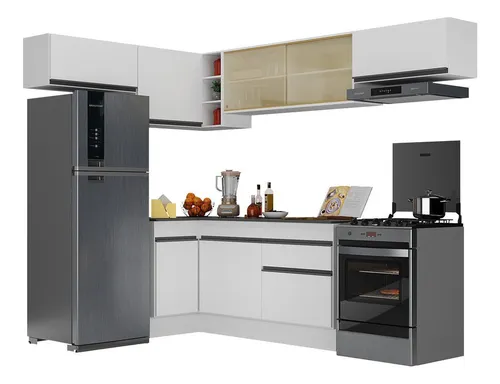Armário Cozinha Completa De Canto Veneza Multimóveis V2095 Cor Branco/Preto