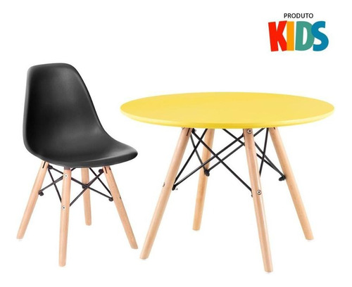 Kit Mesa Eames Infantil  E 1 Cadeira  Eames Junior Cor da tampa Mesa amarelo com cadeiras preto