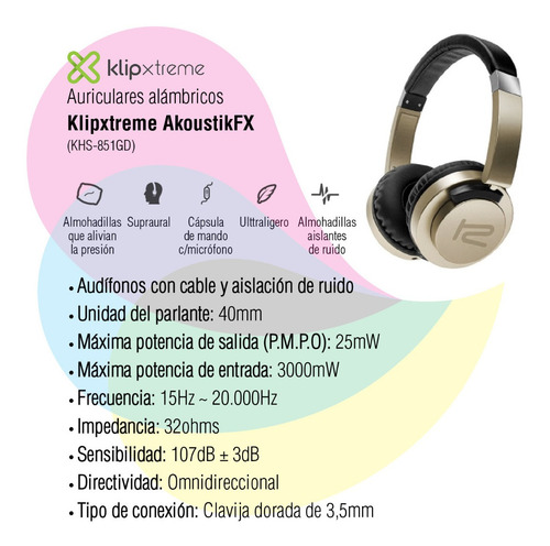 Imagen 2 de 7 de Auriculares Klipxtreme Khs-851gd Dorado Akoustikfx