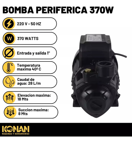 Bomba Periferica Konan 1/2hp Altura 28mts Caudal 28 L/min Negro 50hz Monofásica