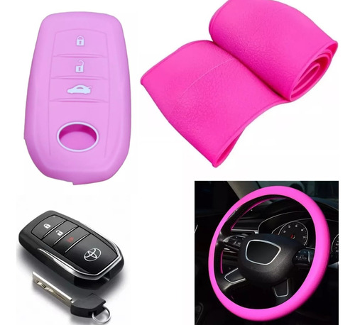 Cubre Volante + Funda Llave Silicona - Toyota 3 Botones Rosa