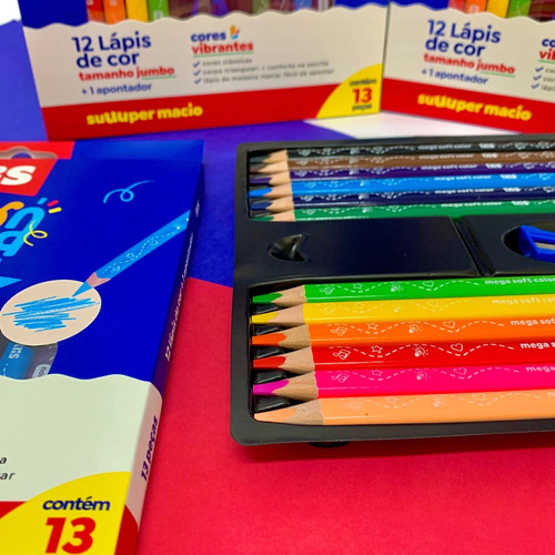 Lápis De Cor 12 Cores Jumbo Super Macio + Apontador Tris
