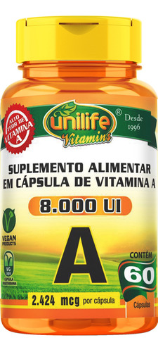 Vitamina A Retinol 8000 UI, 500 mg, 60 cápsulas, vegano, sin sabor