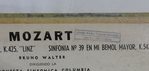 Mozart Sinfonía N° 36 Linz Y N° 39 Bruno Walter Vinilo (vg+) (Usado)