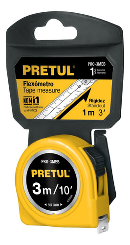 Flexómetro, Amarillo 1pz, 3m, Cinta 13mm, Pretul 21605