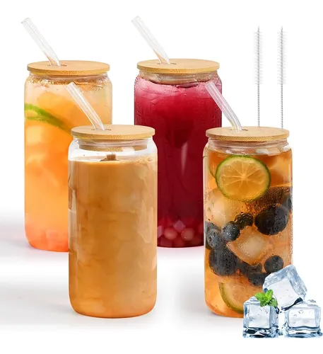 comprar Paquete De 4 Vasos De Vidrio Con Tapas Y Pajitas Vasos Con F