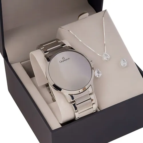 Relógio Feminino Champion Digital Prata 42 Milímetros Display Espelhado LED Branco Prova D´Agua 50m com Calendário Pulseira Aço Inoxidável