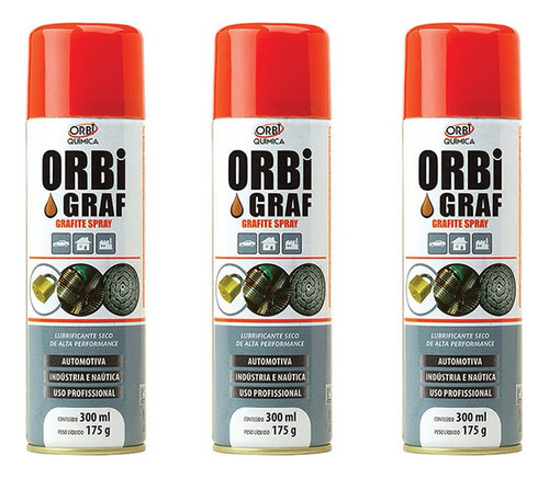 Kit 3 Lubrificantes Seco Em Spray Grafite 175g 300ml Orbi