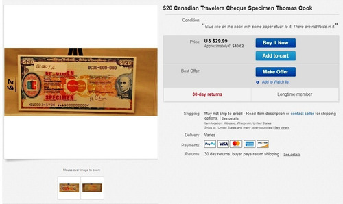 Tc6085 Canadá 1975 Travelers Cheque C$20 Specimen Raro