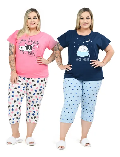 Kit Com 2 Pijamas Pescador Feminino Plus Size De Algodão
