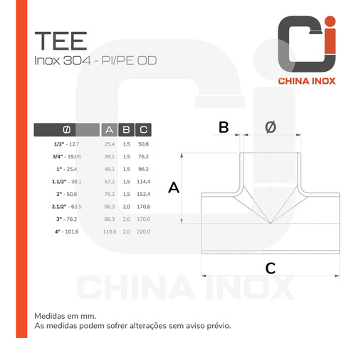 Tee Inox 304 Pipe Od 1.1/2'' X 1,5mm.
