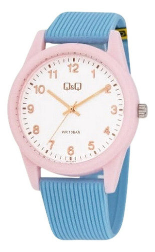 Reloj Q&q Silicona Mujer Colores Pastel Deportivo Correa Azul Claro Bisel Rosa Claro Fondo Blanco