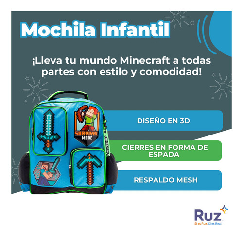 Mochila Infantil Ruz Primaria Microsoft Minecraft Steve 20l