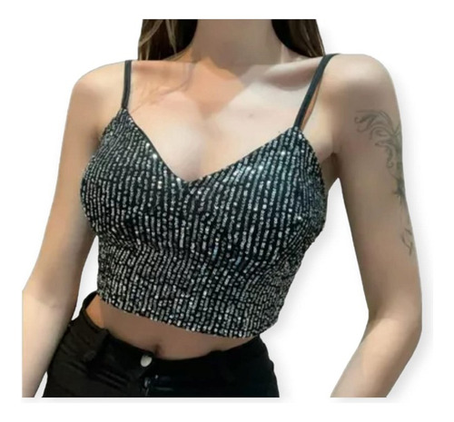 Crop Top Brilloso Con Detalle Lentejuelas Escote En V Bretel