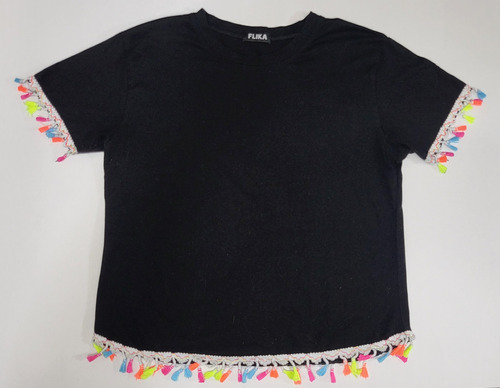 Polo Negro Para Dama Talla M Con Flecos De Colores En Los Bo