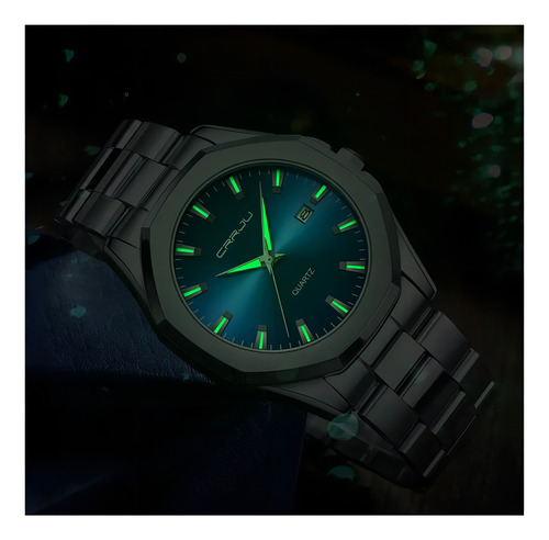 Reloj deportivo Crrju Calendar luminoso de acero inoxidable con fondo negro dorado plateado