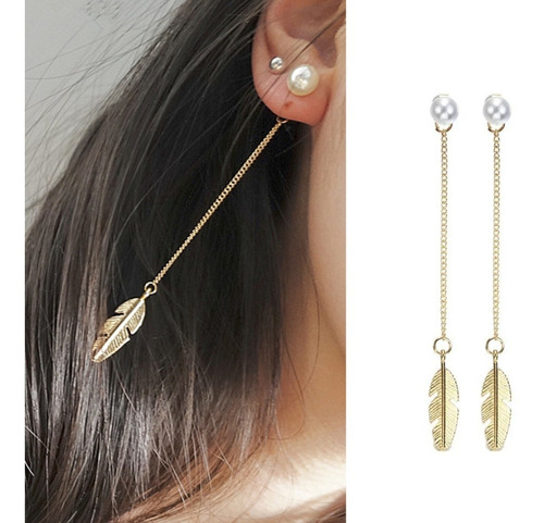 Aretes Largos Cadena Dije Perla Pluma Mujer Retro Vintage