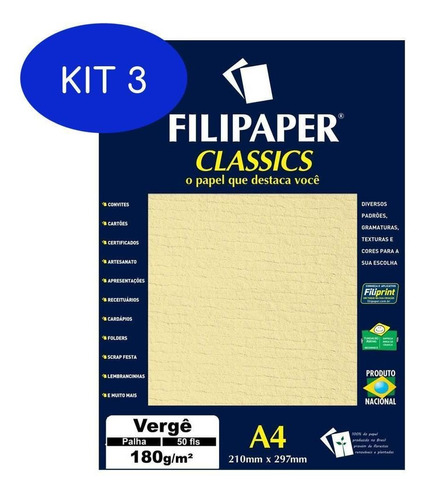 Kit 3 Papel Vergê A4 Filipaper Classics 180g 50 Folhas Palha