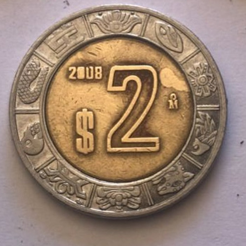 Moneda 2 Pesos Mexicanos Con Defecto De Acuñación 2008