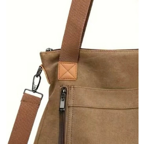 Bolsa Feminina Transversal Ombro Em Lona Youcan Acambamento Dos Ferragens Níquel Cor Marrom Correia De Ombro Bege Desenho Do Tecido Liso