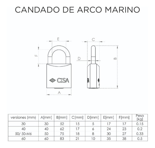 Imagen 9 de 10 de Candado De Intemperie Marino 50mm Con 2 Llaves Cisa