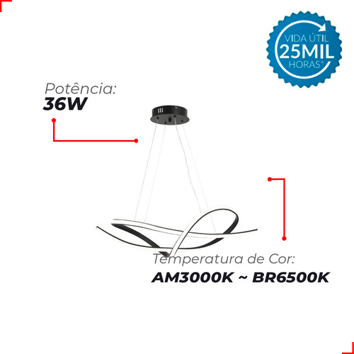 Lustre Pendente 36w 3 Em 1 Led Eva 3000k/6500k Preto Avant 127/220V