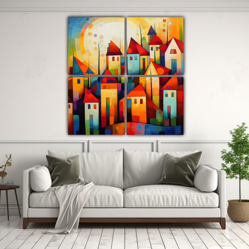 80x80cm Cuadro Paisaje Semi Abstracto Casas Alegres Flores