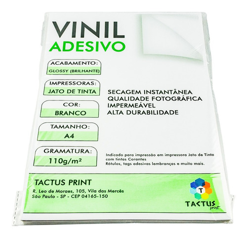 Vinil Adesivo Jato De Tinta Glossy  110g 100 Fls A4 - Branco