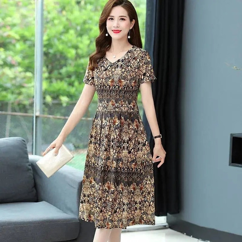 Elegante Vestido Midi Con Cuello En V Y Estampado Floral Par