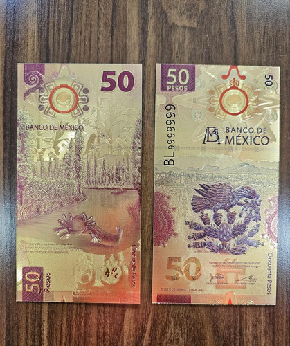 3 Billetes 50 Pesos Ajolote Dorado Oro Laminado México Suert