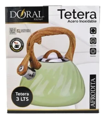 Tetera Acero Inoxidable 3 Litros Diseño Mango Madera - Doral Color Verde