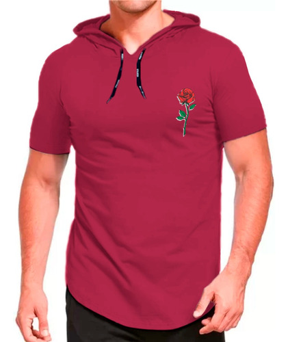 Camiseta Com Capuz Estampa Rosa Longline Masculina