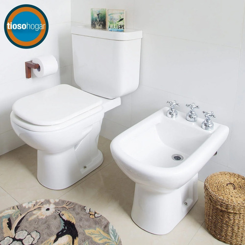 Imagen 2 de 10 de Sanitarios Ferrum Bari Inodoro Largo + Mochila Descarga Doble 3 Y 6 Lts + Bidet Monocomando O 3 Agujeros + Asiento 1era
