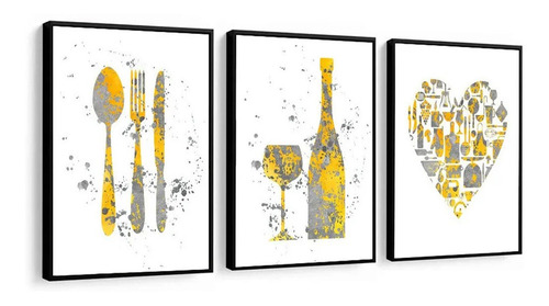 Quadro Mosaico Cozinha Amarela Com Moldura Talheres Coração