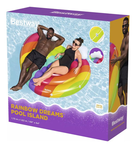 Colchoneta Inflable Flotador Isla 2 Personas Con Almohada Bestway 43722 Rainbow Dreams 175x163