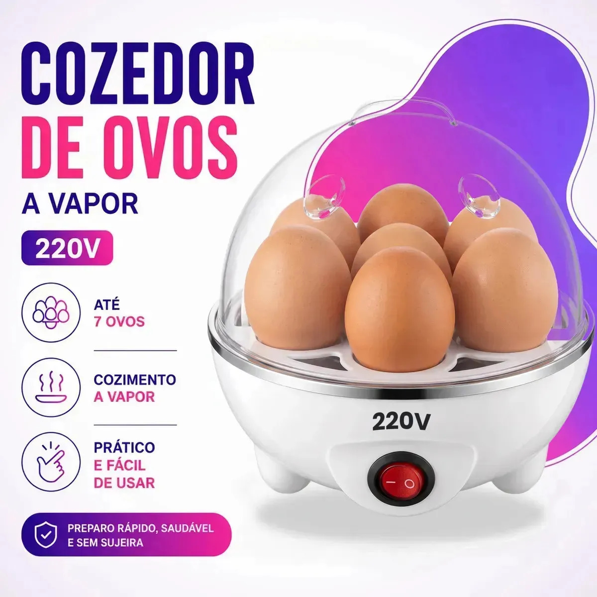Cozedor De Ovos ​Elétrico Portatil Branco ‌Cozinhar A Vapor Legumes 7 Ovos com Desligamento Automático