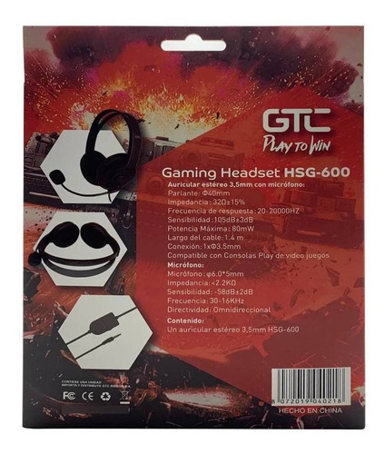 Imagen 5 de 5 de Auriculares Gamer Gtc Hsg-600 Headset Con Micrófono