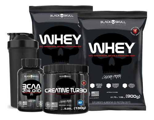 Combo Caveira Preta 2x Whey + Bcaa + Creatina - Black Skull Sabor Morango