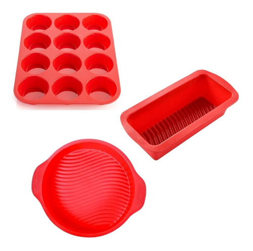 Set X3 Moldes Muffins Budinera Tortera Silicona Antiadherent