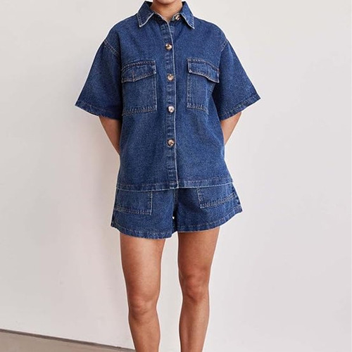 Conjunto Jeans Feminino De Verão Com 2 Peças