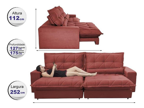 Sofá Retrátil,reclinável, Cama Inbox Soft 2,52m Vermelho
