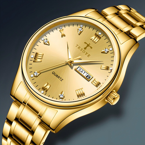 Reloj De Cuarzo Dorado Con Calendario Luminoso Caballero Dorado Dorado Dorado
