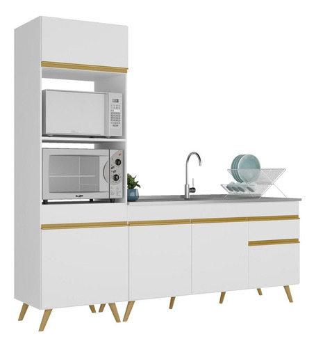 Armário De Cozinha Compacta 212cm Veneza Multimóveis V2078 Cor Branco/Dourado