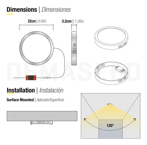 Plafón Aplique Led Bajo Consumo Redondo Niquel 18w 22cm Blanco Cálido 1440lm Demasled Apl-03ww-b2-nkl