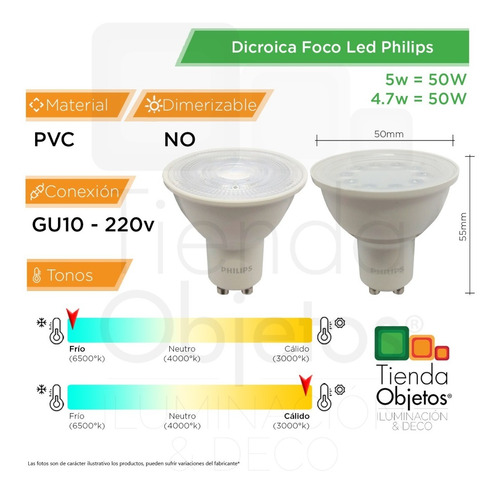 Imagen 3 de 8 de Pack X10 Dicroicas Led Philips Gu10 5w = 50w Calidas Fria