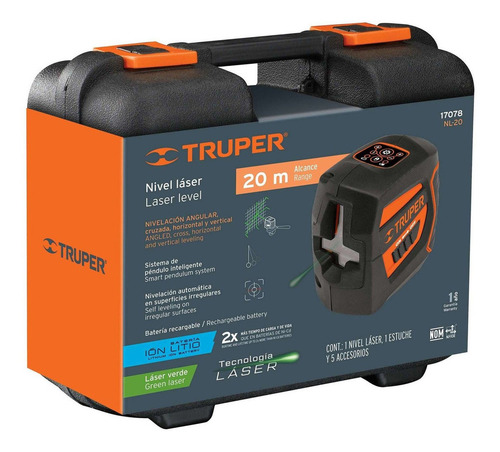 Nivel láser verde con alcance de 20 m Horizontal + Vertical Truper 17078