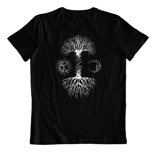 Polera Negra Dtf Algodon Sol Luna Arbol Hippie 