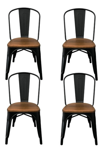 Pack 4 Sillas Metalicas Base Madera Tolix Comedor Bar Negra