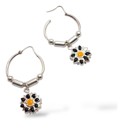 Aros Argolla De Plata 925 Con Dije Girasol Colgante Mujer